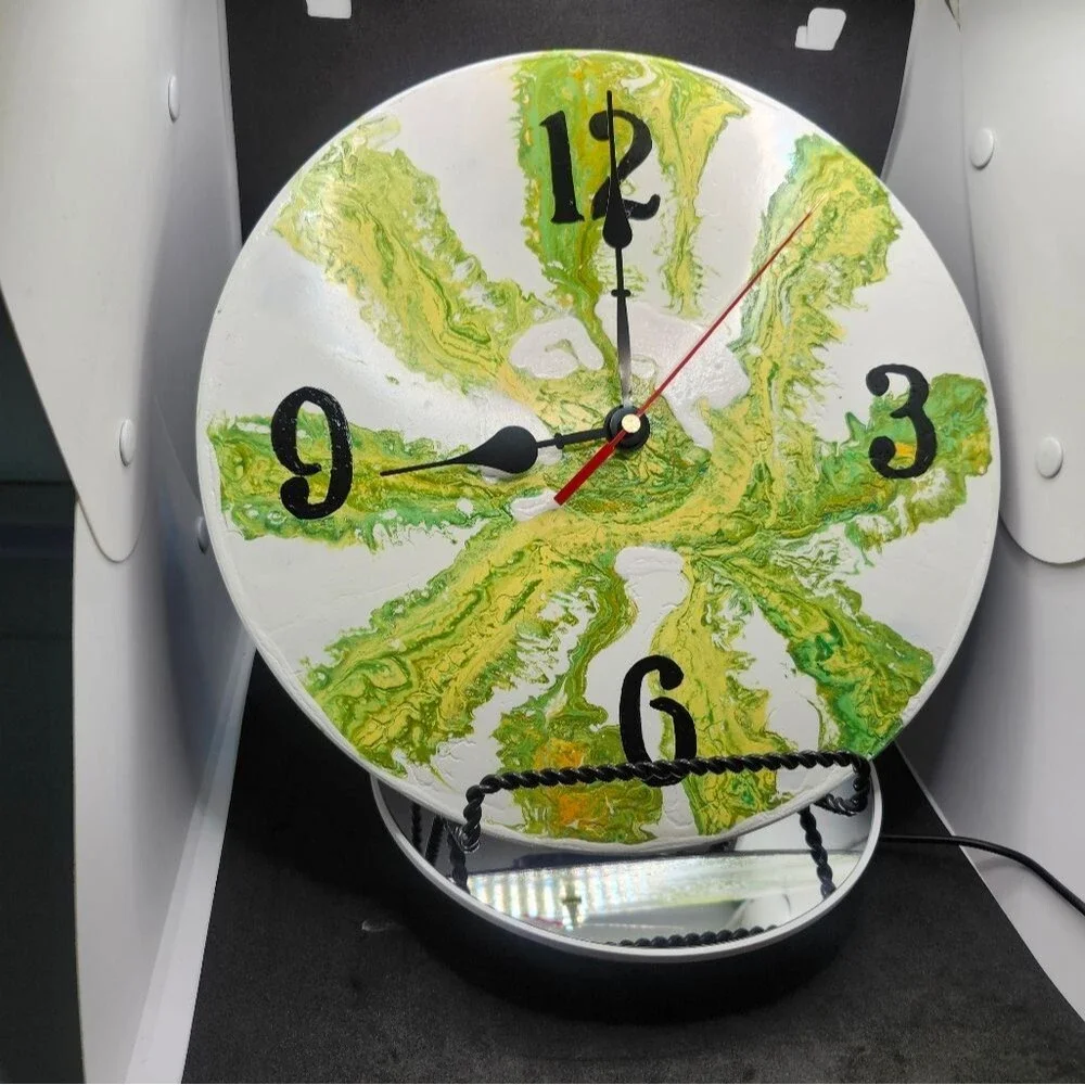 Hand Crafted Abstract Hanging Wall Clock Analog  Vinyl Record Fluid Art Decor